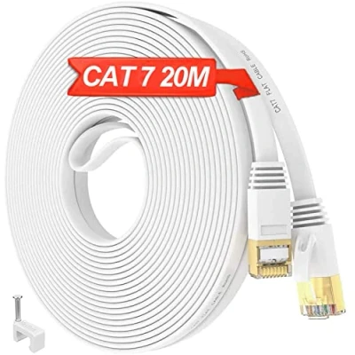 Afbeelding van Ethernet Kabel 20m Cat 7, Buiten Binnen Netwerkkabel Hoge Snelheid, Wit Plat RJ45 Internetkabel 600MHz 1Gbps, Lang S/FTP Gigabit LAN CAT7 Patchkabel voor Router Switch Modem (20 Clips)