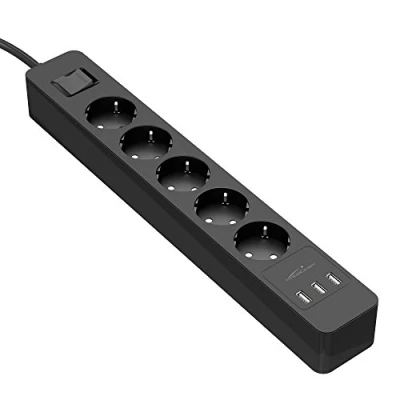 Afbeelding van KabelDirekt 5 voudige stekkerdoos, meervoudige &amp; TÜV gecertificeerde stekkerdoos met overspanningsbeveiliging en 3 USB oplader (max. 4.000 W/250 V/16 A, verhoogde aanraakbeveiliging, zwart)