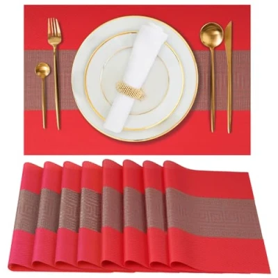 Afbeelding van Gucass Set van 8 afwasbaar, pvc placemats, hittebestendig, antislip, voor keuken, restaurant, eettafel, 45 x 30 cm, rood