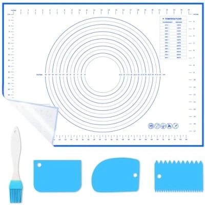 Afbeelding van WECUTE siliconen bakmat 70 x 50 cm Antislip met maatverdeling, herbruikbare fondantaccessoires voor deeg, fondant, macarons, koekjes (met 3 deegschrapers en 1 borstel)