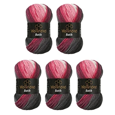 Afbeelding van 5 x 100 g wolbijen Batik 500 gram wol met kleurverloop meerkleurige breiwol haakwol (5100 grijs bessen wit)