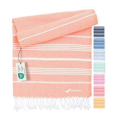 Afbeelding van Fit Flip Hamamdoek Strandhanddoek XXL van 100% gerecycled katoen sneldrogend strandlaken, fouta, pestemal Turkse handdoek ideaal als hamam saunahanddoek en sarong Perzik 100x200cm Sultan