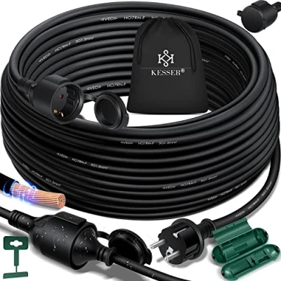 Afbeelding van KESSER® verlengkabel 50 m met beschermkap voor buiten binnen en 230 V IP44 Schuko stekker geaard contact bouwplaatkabel geaarde