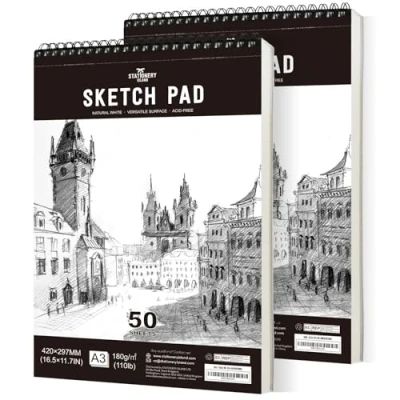 Afbeelding van STATIONERY ISLAND Schetsblok, A3 schetsboek, 180 g/m² dik papier, 100 pagina&#039;s/50 vellen, spiraalgebonden 2 stuks