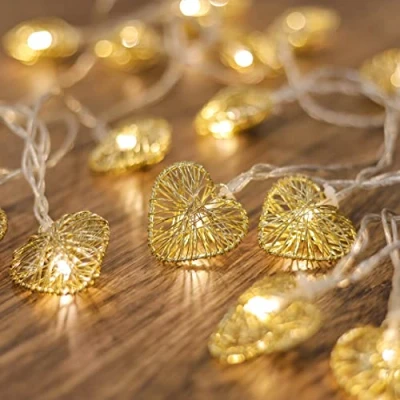 Afbeelding van CozyHome Led lichtsnoer met hart, 5 m batterij timer, 20 hartjes, warmwit, decoratie voor meisjes, slaapkamer, bruiloft, kaptafel, roze gouden lichtketting, werkt op batterijen