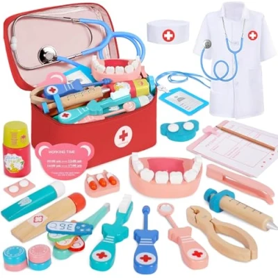 Afbeelding van BUOAZR Malette Docteur Enfant speelgoed, tandartset, 27 stuks met echte stethoscoop, thermometer, doktersjas en draagbare arts play imitatie cadeau voor kinderen van 3 jaar oud