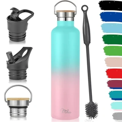 Afbeelding van Milu Roestvrij Staal Vacuüm Geïsoleerde Waterfles 500ml, 750ml, 1l (+3 Deksels) Dubbelwandige Metalen Fles, Voor Warme, Koude &amp; Koolzuurhoudende Dranken (Mint Roze, 1l)