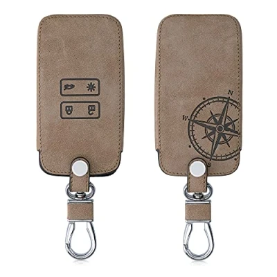 Afbeelding van kwmobile Autosleutel hoesje geschikt voor Renault 4 knops Smartkey (alleen Keyless Go) behuizing in bruin Vintage Kompas design