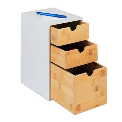 Afbeelding van Relaxdays ladeblok, bamboe &amp; MDF, HxBxD: 28 x 17 21,5 cm, bureau organizer met 3 lades, make up, badkamer, natuur/wit