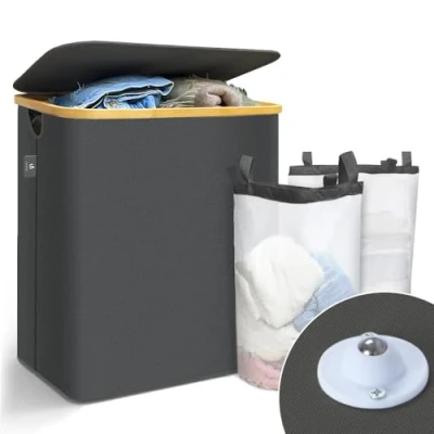 Afbeelding van VOUNOT Wasmand met Deksel 145L, Opvouwbare Wasemmer 2 Compartimenten &amp; Uitneembare Waszakken, Wasmanden Wasbox Smal, Grijs