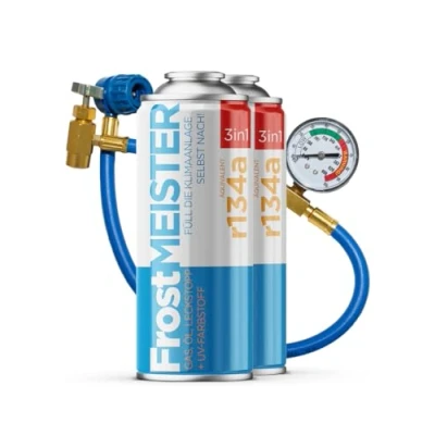 Afbeelding van FrostMEISTER 3 in 1 Navulset voor auto airconditioning R134a (1995 2016), 2 x 400 ml bus en slang met manometer, vervanging koelmiddel, olie afdichtmiddel, snel eenvoudig gebruik