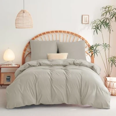 Afbeelding van WAVVE Beddengoed 155 x 220 cm, 3 delig, beige, dekbedovertrek set met 2 kussenslopen van 80 beddengoedset microvezel, ritssluiting, zacht en strijkvrij