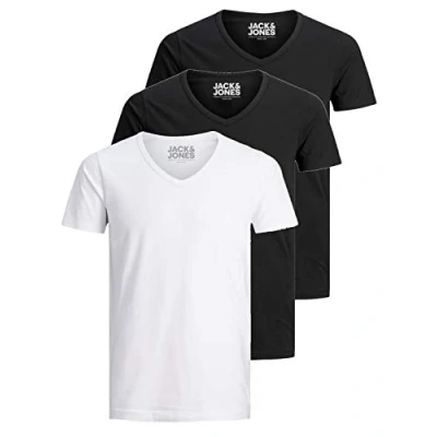 Afbeelding van Jack and Jones Basic T shirt voor heren, V hals, 3 pack, effen, slimfit, in wit, zwart, blauw, grijs, Kleur Mix 5, XXL