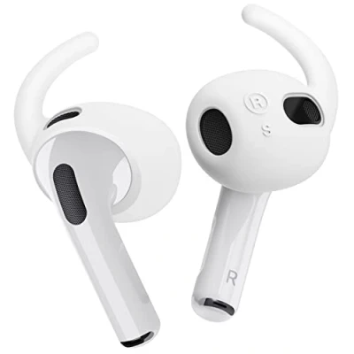 Afbeelding van elago 4 Paar Vervangende Oorhaakjes Hoesjes Compatibel met Airpods 3e Generatie [Toegevoegd Opbergzakje] Anti Slip Ergonomische Oordopjes, 2 Kleine &amp; Grote Maat (Wit)