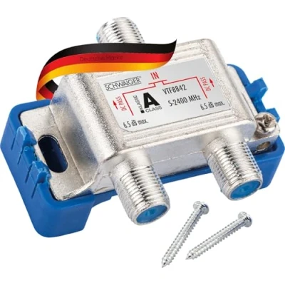 Afbeelding van SCHWAIGER 9482 SAT verdeler 2 weg met kunststof afstandhouder DC achterkanaal compatibel voor kabel , antenne en satellietsystemen gegoten aluminium zilver