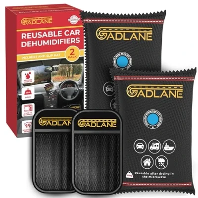 Afbeelding van GADLANE Herbruikbare auto luchtontvochtiger 350G 2 stuks vochtvanger met dashboard anti slip mat elimineert mistige voorruit thuis, kledingkast, condensatie absorberende siliconen zakken