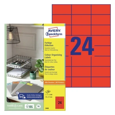 Afbeelding van Etiket Avery Zweckform 3448 70x37mm rood 2400stuks