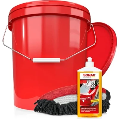 Afbeelding van Sonax Autowasset, glansshampoo concentraat, detailmate wasemmer met deksel, washandschoen insectengaas, autoreinigingsset voor buiten