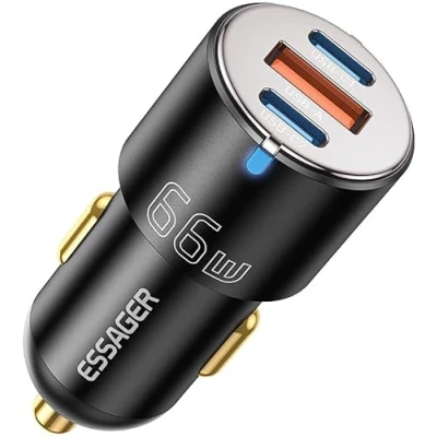 Afbeelding van Essager City USB/USB C Autolader Fast Charge 66W Snellader Zwart