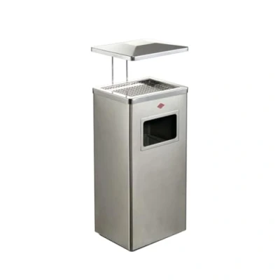 Afbeelding van WESCO Staande asbak met dak in de kleur mat roestvrij staal, 19 liter volume, incl. zeef en dak, roestvrijstalen inzetstuk, weerbestendig, geschikt voor buiten