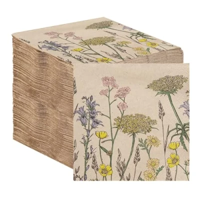 Afbeelding van Tafelsoort 100 Bulk Pack Zachte Gerecycleerde Papieren Servetten, Bloemen Wegwerp Party Serviettes, Catering &amp; Dagelijks Gebruik, Milieuvriendelijk, Kraft Ongebleekt Thuis Composteerbaar