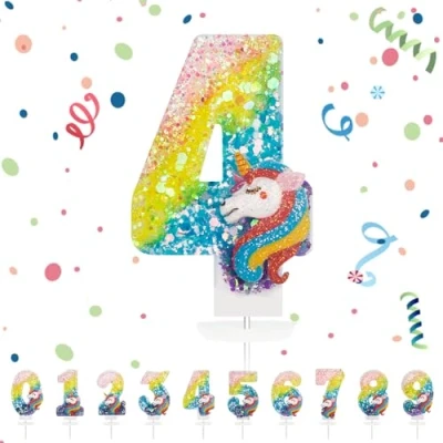 Afbeelding van verjaardagskaarsen, cijfers 4, 3D, regenboog, eenhoorn, verjaardag, getal taarttopper, decoratie, taartdecoratie, verjaardagskaarsen voor verjaardagsdecoratie,