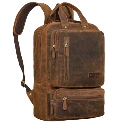 Afbeelding van STILORD &#039;Trinity&#039; Ruime Vintage Leren Rugzak Laptop Rugtas 15,6 inch Werkrugzak met veel Compartimenten Heren DIN A4 Map Daypack Dames Echt Leer, Kleur:calais bruin