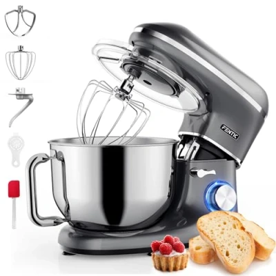 Afbeelding van Fentic Keukenmachine 2000W RVS Mengkom (6,2 L) Keukenrobot Mixer met Garde, Deeghaak en Menghaak Incl. Beschermhoes extra Accessoires Antraciet