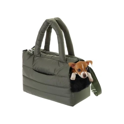 Afbeelding van Hondentas, puppytas, draagtas voor kleine en middelgrote hond, kat, M, tot 8 kg, tas onderweg, hondendrager met karabijnhaak, transporttas, olijfgroen