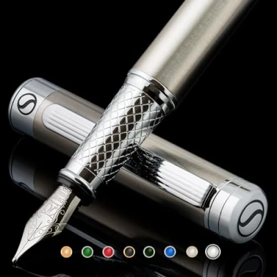 Afbeelding van Scriveiner Roestvrijstalen vulpen prachtige luxe pen met stalen afwerking, Schmidt Steel Nib (medium), beste pencadeauset voor heren en dames, professioneel, executive office, mooie designpennen