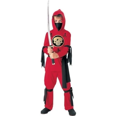 Afbeelding van Tante Tina Ninja kostuum voor kinderen, 3 delig jongens met lange mouwen, capuchon, broek en riem, rood/zwart, maat M (128), kinderen van 5 tot 7