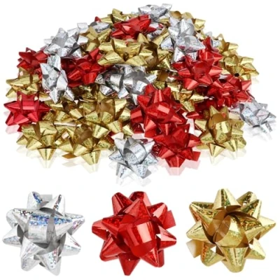Afbeelding van Wilhelm Sell® 60x zelfklevende geschenkstrikken 5 x 2 cm kleurrijke strikken voor geschenken decoratieve kant en klare Kerstmis, verjaardagen bruiloften (goud/zilver/rood)