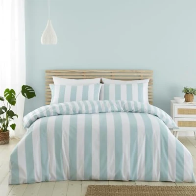 Afbeelding van Catherine Lansfield Cove Stripe Omkeerbare King Dekbedovertrek Set met Kussenslopen Eendenei Blauw