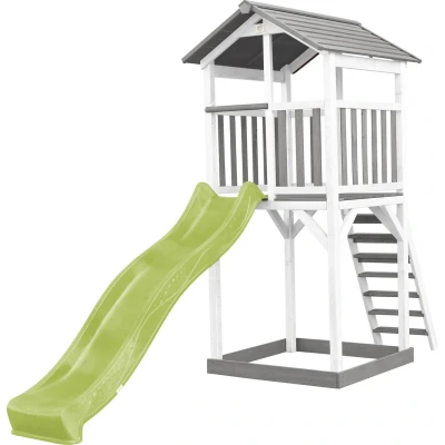 Afbeelding van AXI Beach Tower Speeltoestel van hout in Grijs en Wit Speeltoren met zandbak, limoen groene glijbaan