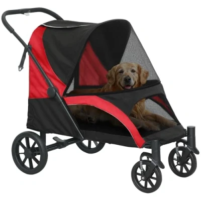 Afbeelding van PawHut Hundewagen Hundebuggy klappbar für große Hunde &amp; Katzen bis 30 kg Katzenbuggy mit Kissen Netzfenstern Türen Aufbewahrungstasche Katzenwagen Sicherheitsleinen, Bremsen, Buggy Schwarz