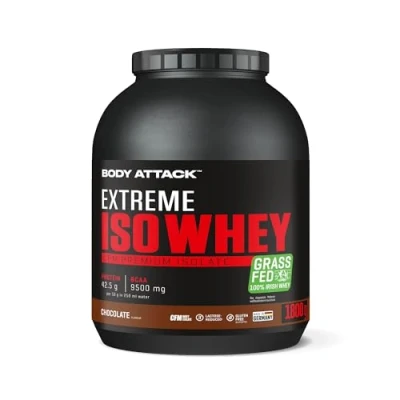 Afbeelding van Body Attack Extreme Iso Whey Chocolate, 1,8 kg, CFM Proteïne isolaat van 100% Ierse weidemelk, glutenvrij, rijk aan EAA&#039;s, perfect oplosbaar, vetarm, zonder aspartaam, 90,6%