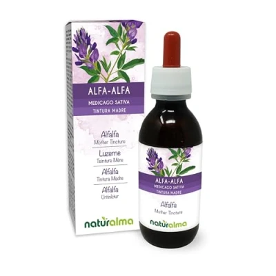 Afbeelding van Luzerne of Alfalfa (Medicago sativa) kruid met bloemen Alcoholvrije moedertinctuur Naturalma natuurlijk chlorofyl Vloeibaar extract druppels 120 ml Voedingssupplement Veganistisch