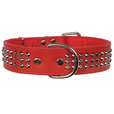 Afbeelding van Rode, drie rijen gestikte lederen halsband, hondenhalsband 40mm/67cm