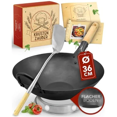 Afbeelding van KRUSTENZAUBER wokpan, 36 cm, voorgebrand inductie, traditionele stalen wokpan met wokspatel en wokring, wokinductie, wokaccessoires, koolstofstaal