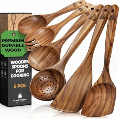 Afbeelding van houten lepels om te koken Teakhouten keukengerei Hittebestendige lepelsets Comfortabele grip non stick kookgerei 6 stuks gebruiksvoorwerpen sets