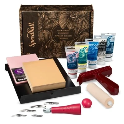 Afbeelding van Deluxe Block Printing Kit Hobbypakket Linosnede set inclusief verf linoleum plaat gutsmesjes