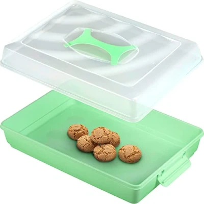 Afbeelding van KADAX Taartdoos met deksel, 43 x 30 12,5 cm, kunststof taarthouder, transportdoos handvat, bakvorm, voor blikcake, muffins, rechthoekig, voedseldoos (mint V2)