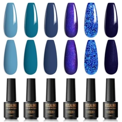 Afbeelding van ROSALIND UV Nagellak Blauw,6 Kleuren Mini unkelblau Glitter Marine Hemelsblauw Oceaan Kobaltblauw Sparkle Diamonds Zomer Voorjaar Gel Nagels Shellac Soak Off LED Polish