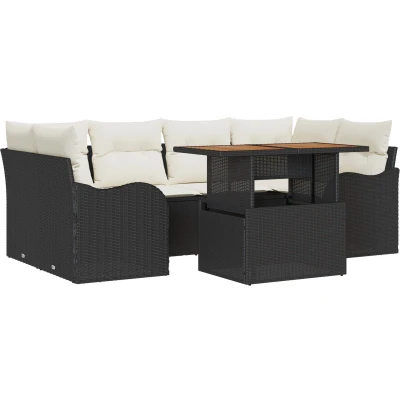 Afbeelding van vidaXL 7 delige Tuin Sofa Set met Kussens Zwart Poly Riet Acacia, 2 Zits
