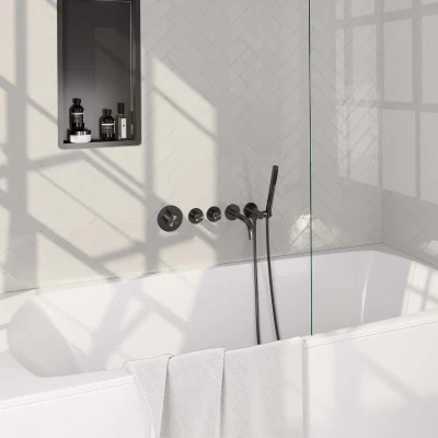 Afbeelding van Brauer Gunmetal Edition Badkraan Inbouw douchegarnituur 20cm uitloop inbouwdeel 3 gladde knoppen handdouche staaf 1 stand PVD geborsteld