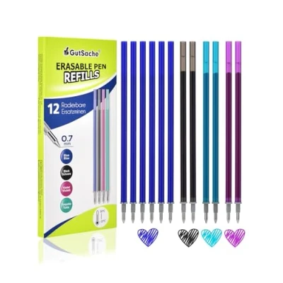 Afbeelding van GutSache 12 x uitwisbare reservevullingen voor Legami pennen, compatibel met Legami, blauw, zwart, paars, groen, warmtegevoelige inkt, 0,7 mm punt, hoogte 13 cm, navulling gelpennen