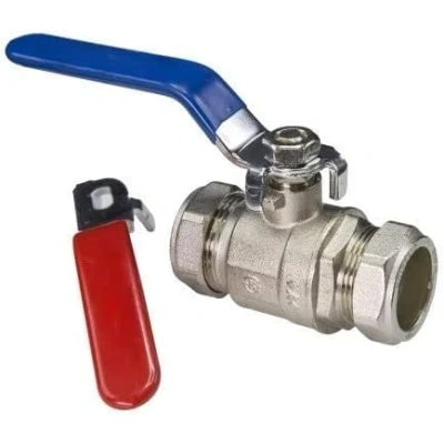 Afbeelding van TC 22mm hefboom kogelkraan volledige boring compressie isolatieklep rood/blauw dubbele handgreep afgesloten stroom WRAS goedgekeurd