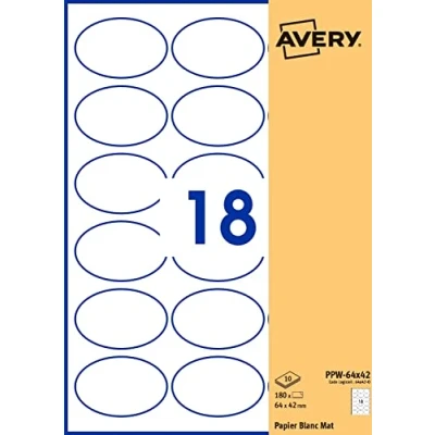 Afbeelding van Avery Verpakking met 180 zelfklevende etiketten, ovaal, wit papier, formaat 64 x 42 mm, personaliseerbaar en bedrukbaar, laserstraal, inkjet kopieerapparaat (PPW Fr)