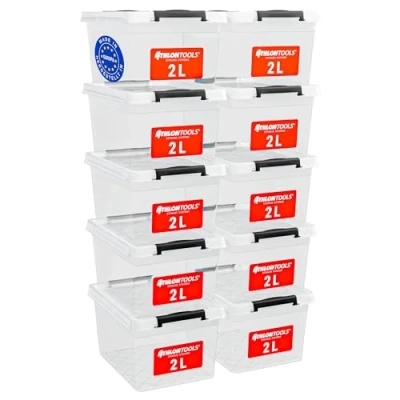 Afbeelding van ATHLON TOOLS 12 x 2 l opbergdozen met deksel, klein, 100% nieuw materiaal, transparant, BPA vrij, stapelbare containers, grijze sluitclips, nagenoeg luchtdicht, organizer