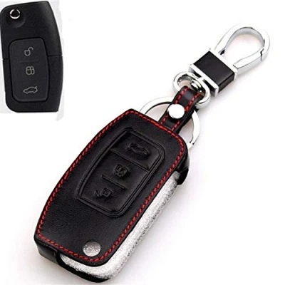 Afbeelding van Happyit Echt lederen gevouwen sleutelhoes voor Ford New Fiesta Ecosport Focus 2 MK2 2012 2013 2014 2015 2016 met sleutelhanger (zwart)